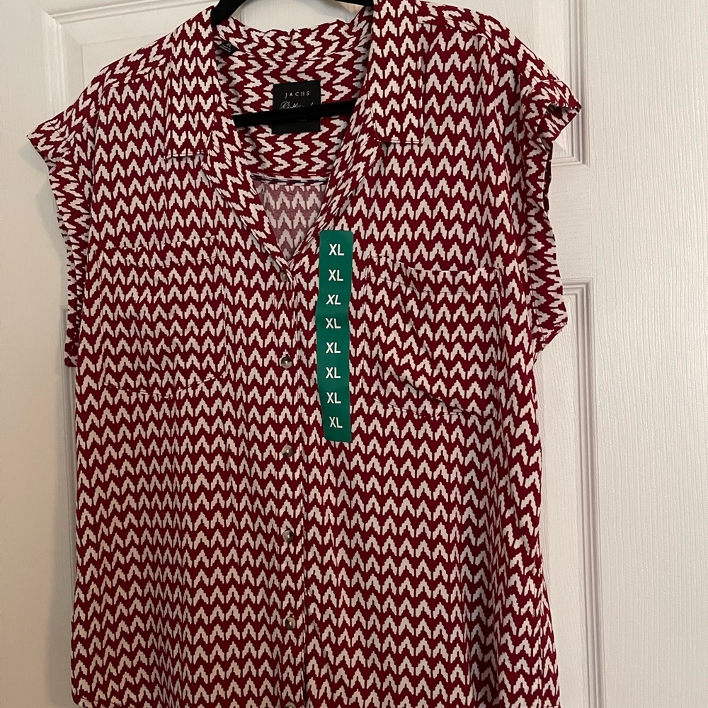 Jachs Red Cap Sleeve Buttoned Blouse with Mandarin Collar NWOT